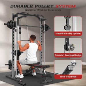 OPPSDECOR Smith Machine Power Rack para gimnasio en casa – Estante de sentadillas todo en uno con tracción LAT, máquina de cable y barra de barra, equipo de entrenamiento de fuerza multifuncional