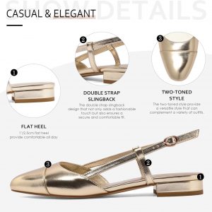 Slingback Flats for Women Two Toned Double Strap Block Low Heel Flats Classic Womens Sandals Comfortable Dressy