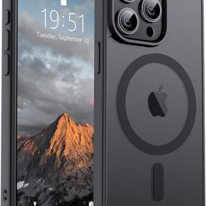 SUPFINE - Funda magnética para iPhone 15 Pro Max, apta para MagSafe (protección contra caídas de grado militar de 10 pies), delgada, translúcida, a prueba de golpes, funda antihuellas, color negro