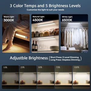 Iluminación para debajo del gabinete de 10 pulgadas con 3 temperaturas de color, paquete de 2 luces recargables con sensor de movimiento para interiores, 5 niveles regulables, luces magnéticas