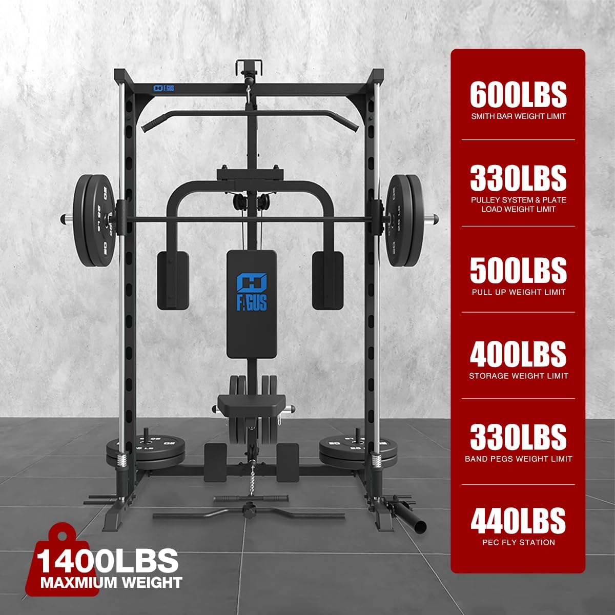 FAGUS Smith Machine Home Gym Power Cage with Pulley System, Space Saving Design Squat Rack with Full Body Strength Training Attachments, PEC Station & Fixed Cable Crossover Optional