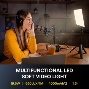 RALENO Panel de luz suave de video LED de 19.5 W, panel de cámara de 650 lux/m, batería incorporada de 8000 mAh, CRI>95 2500-6500K luces de estudio de fotografía para TikTok YouTube, grabación de