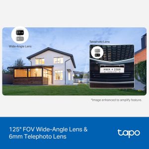 Tapo Cámara de seguridad de 2K 3MP con lente dual para interiores/exteriores con inclinación/rotación – Ángulo amplio de 125° + Telefoto de 6mm, detección gratuita de personas/vehículos, vista de 360°