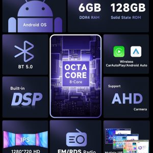 8 Core 6G 128G Car Stereo Radio for Honda Civic 2001-2005 with Wireless CarPlay Android Auto DSP/36EQ MirrorLink 9 inch 1280x720P IPS Touchscreen Bluetooth 5.0 GPS FM/RDS WiFi AHD Backup Camera