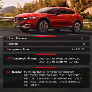 cciyu AC Compressor for Car for Toyota RAV4 2.5L 2009-2012 for Toyota Camry 2.5L 2012-2017 Air Conditioning Compressor with Clutch 6 Grooves 157367 158367