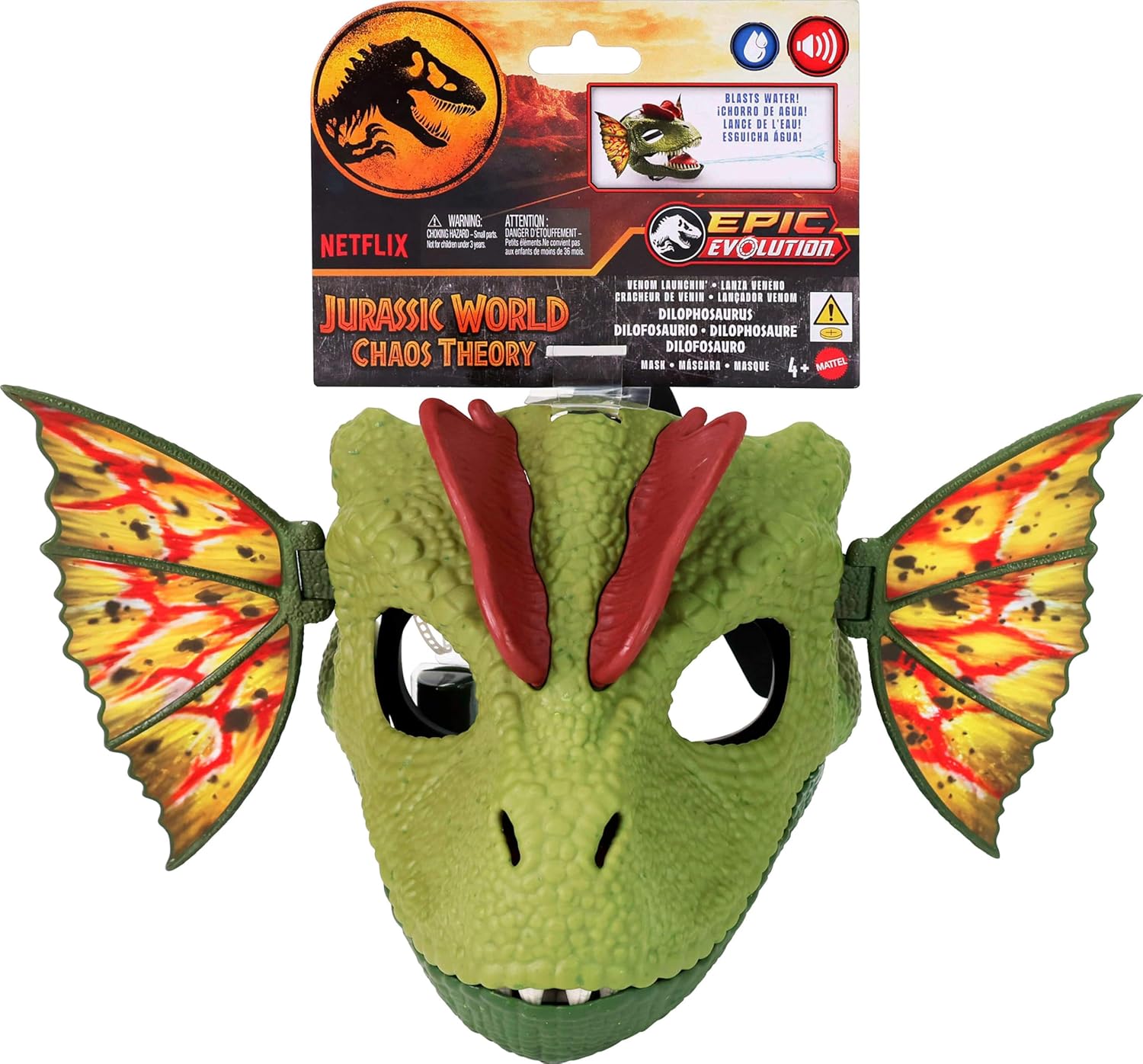 Mattel Jurassic World Dilophosaurus Role Play Mask with Venom Launchin Water Feature, Sound & Adjustable Frill, Dinosaur Costume Headgear Toy