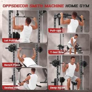 OPPSDECOR Smith Machine Power Rack para gimnasio en casa – Estante de sentadillas todo en uno con tracción LAT, máquina de cable y barra de barra, equipo de entrenamiento de fuerza multifuncional