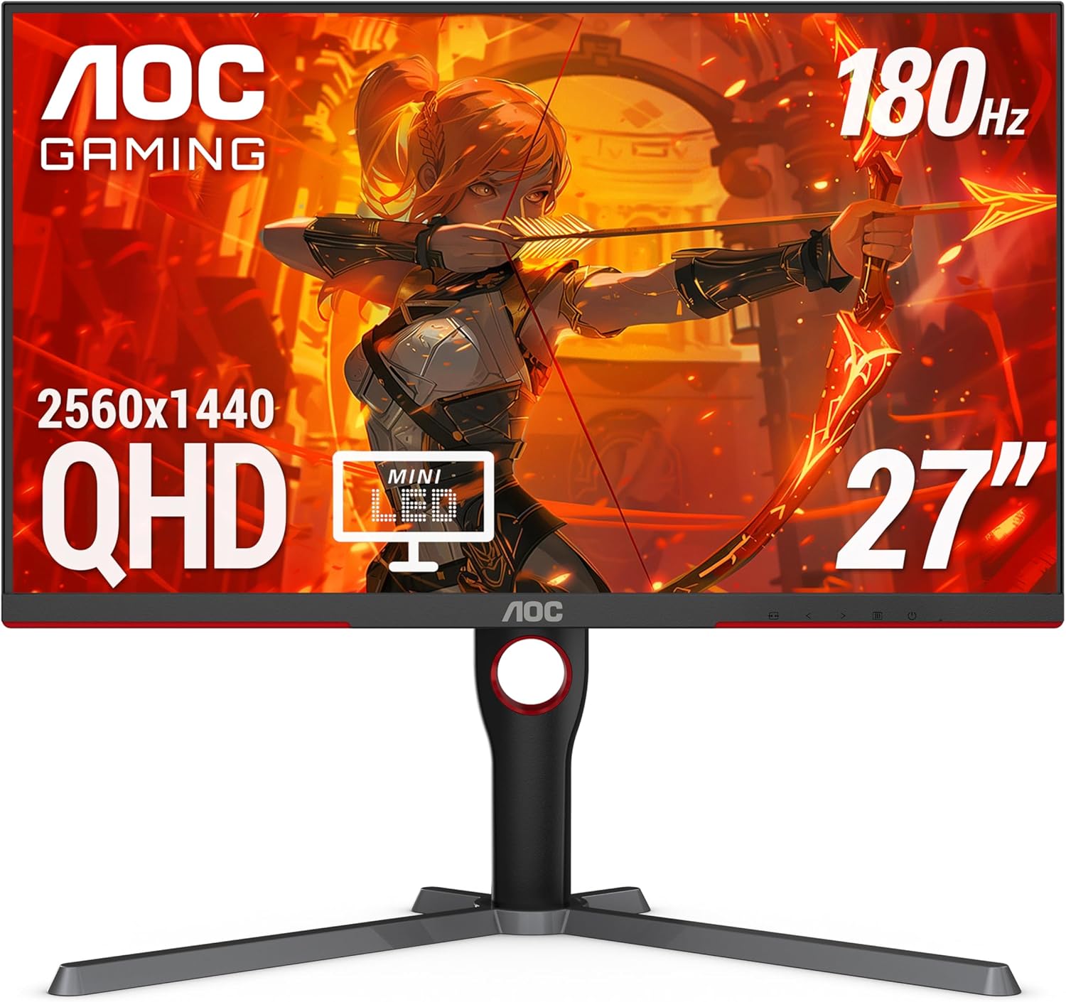 AOC Q27G3XMN 27" QHD Gaming Monitor, 2560x1440, Mini LED, 180Hz 1ms GtG, HDR 1000, sRGB137.5%, HDMI 2.0 x 1, DisplayPort 1.4 x1, Adaptive Sync, 3-Year Zero-Bright-dot