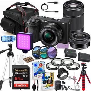 Sony a6700 - Cámara sin espejo con lente de 0.630-1.969 in y 2.165-8.268 in + paquete de accesorios premium que incluye memoria extrema de 64 GB, filtros, macros, LED, software de foto-video y más (34