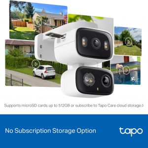 Tapo Cámara de seguridad de 2K 3MP con lente dual para interiores/exteriores con inclinación/rotación – Ángulo amplio de 125° + Telefoto de 6mm, detección gratuita de personas/vehículos, vista de 360°