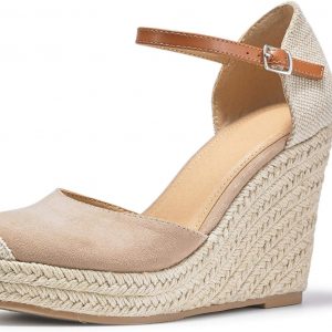 FISACE Womens Summer Espadrille Heel Platform Wedge Sandals Ankle Buckle Strap Closed Toe Shoes