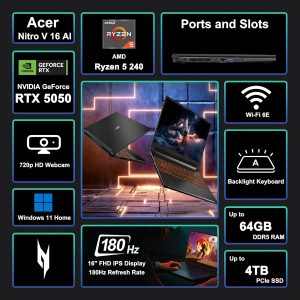 acer Nitro V 16 AI Gaming Laptop 16" WUXGA IPS 180Hz AMD Zen 4 Hexa-core Ryzen 5 240 32GB RAM 1TB SSD GeForce RTX 5050 (hasta 421 AI Tops) Retroiluminado Win11 con ICP Hub
