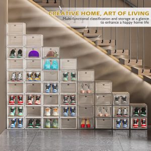 Thickened Clear Shoe Storage Organizer with Magnetic Door, Sturdy Stackable Shoe Boxes for Closet, Collapsible Space-Saving Shoe Rack for Sneakers & Boots, Plastic Shoe Cabinet Box Set, 6 Pack, White