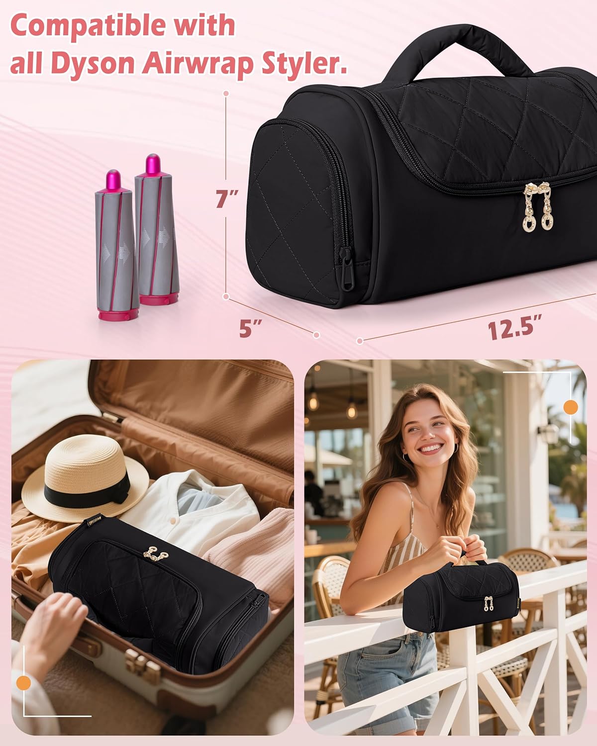 Hair Tools Travel Bag Compatible with Dyson Airwrap Styler, Hair Tool Organzer with Hanging Hook for Multi-Stylers, Black