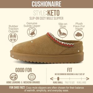 CUSHIONAIRE Pantuflas Keto para mujer, con cierre deslizante de ante - Cómodas y elegantes, con espuma viscoelástica y forro de piel sintética, disponibles en anchos amplios