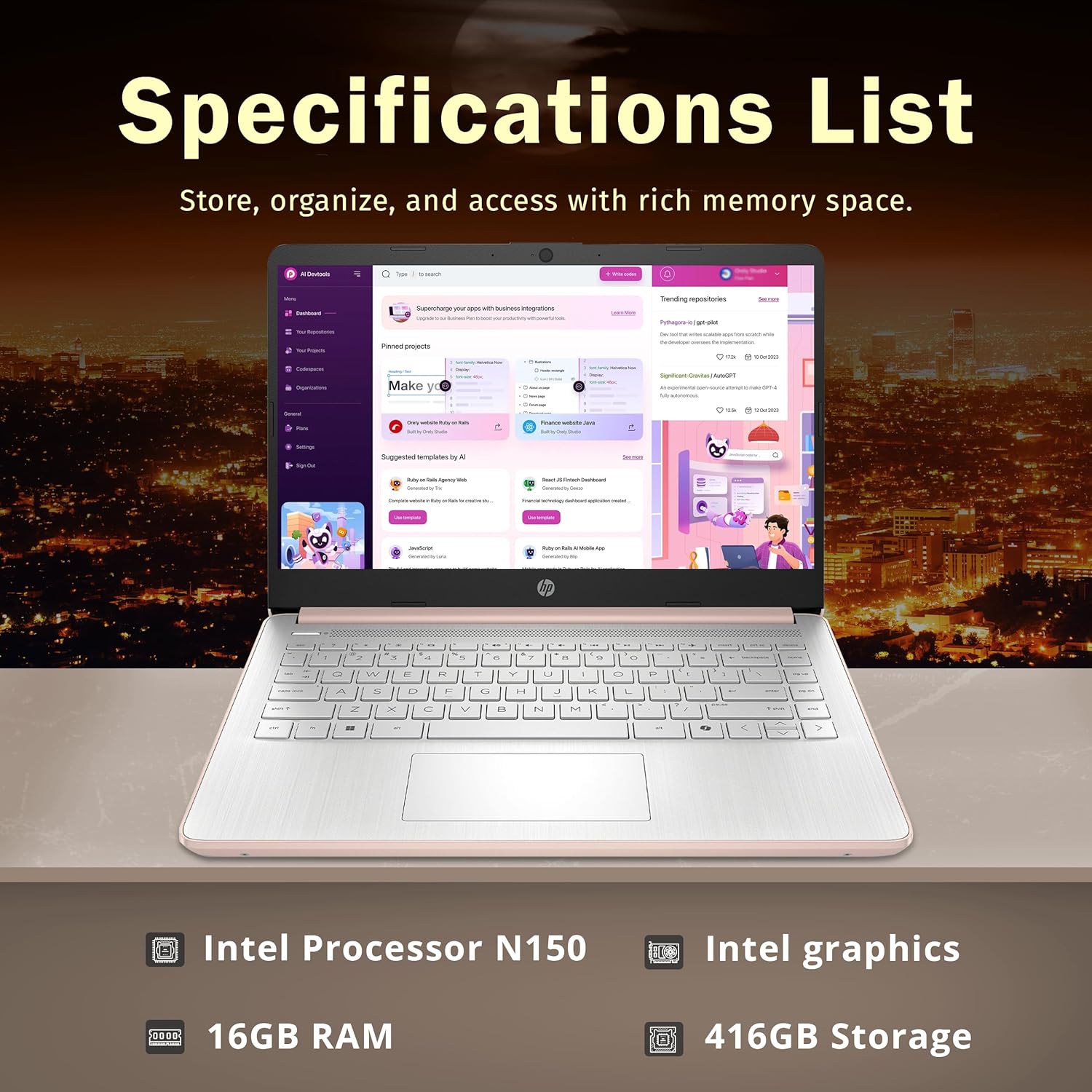 HP Stream 14" Laptop HD BrightView de 14 pulgadas, Procesador Intel N150, 16 GB de RAM, 416 GB de almacenamiento (128 GB eMMC + 288 GB conjunto de estación de acoplamiento), gráficos Intel UHD, cámara