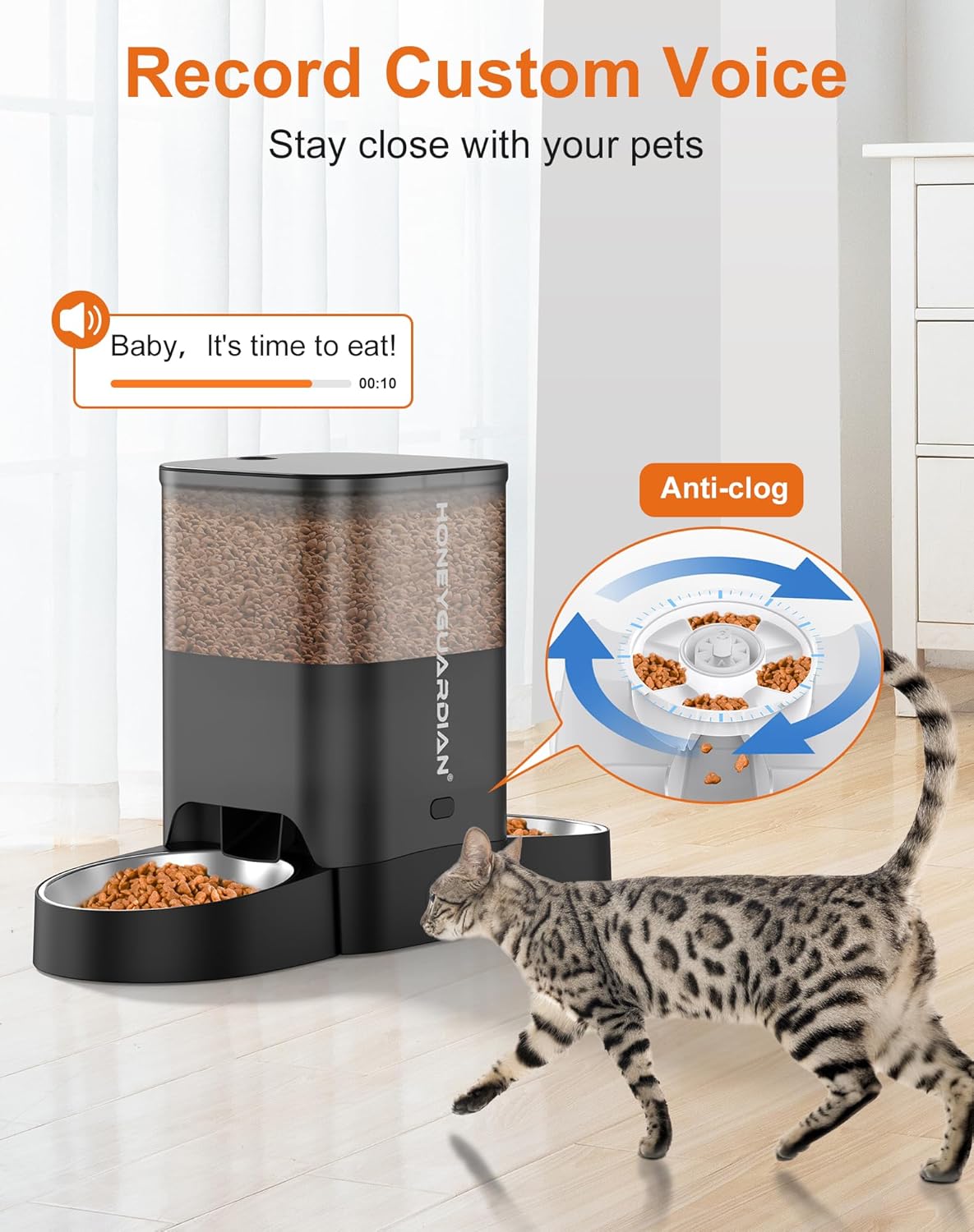 HoneyGuaridan Comedero automático para gatos para dos gatos, alimentador inteligente WiFi 5G con cuenco de acero inoxidable, dispensador de control de aplicación, fuente de alimentación doble, bolsa