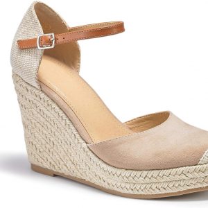 FISACE Womens Summer Espadrille Heel Platform Wedge Sandals Ankle Buckle Strap Closed Toe Shoes