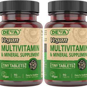 DEVA Tiny Tablets Vegan Multivitamin for Women & Men 2-Pack with Iron, Vitamin C, E, B Complex Vitamins, Zinc, 90 Tablets Each