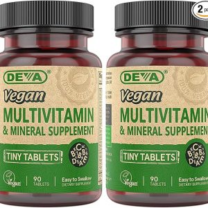 DEVA Tiny Tablets Vegan Multivitamin for Women & Men 2-Pack with Iron, Vitamin C, E, B Complex Vitamins, Zinc, 90 Tablets Each