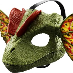 Mattel Jurassic World Dilophosaurus Role Play Mask with Venom Launchin Water Feature, Sound & Adjustable Frill, Dinosaur Costume Headgear Toy
