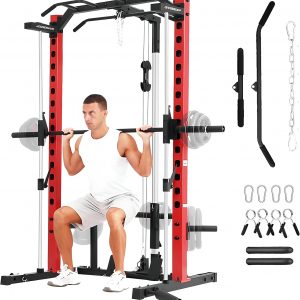 OPPSDECOR Smith Machine - Estante para sentadillas con soporte de alimentación multifuncional LAT-Pull Down con cable cruzado de máquina, jaula de potencia con barra de barra, accesorios de