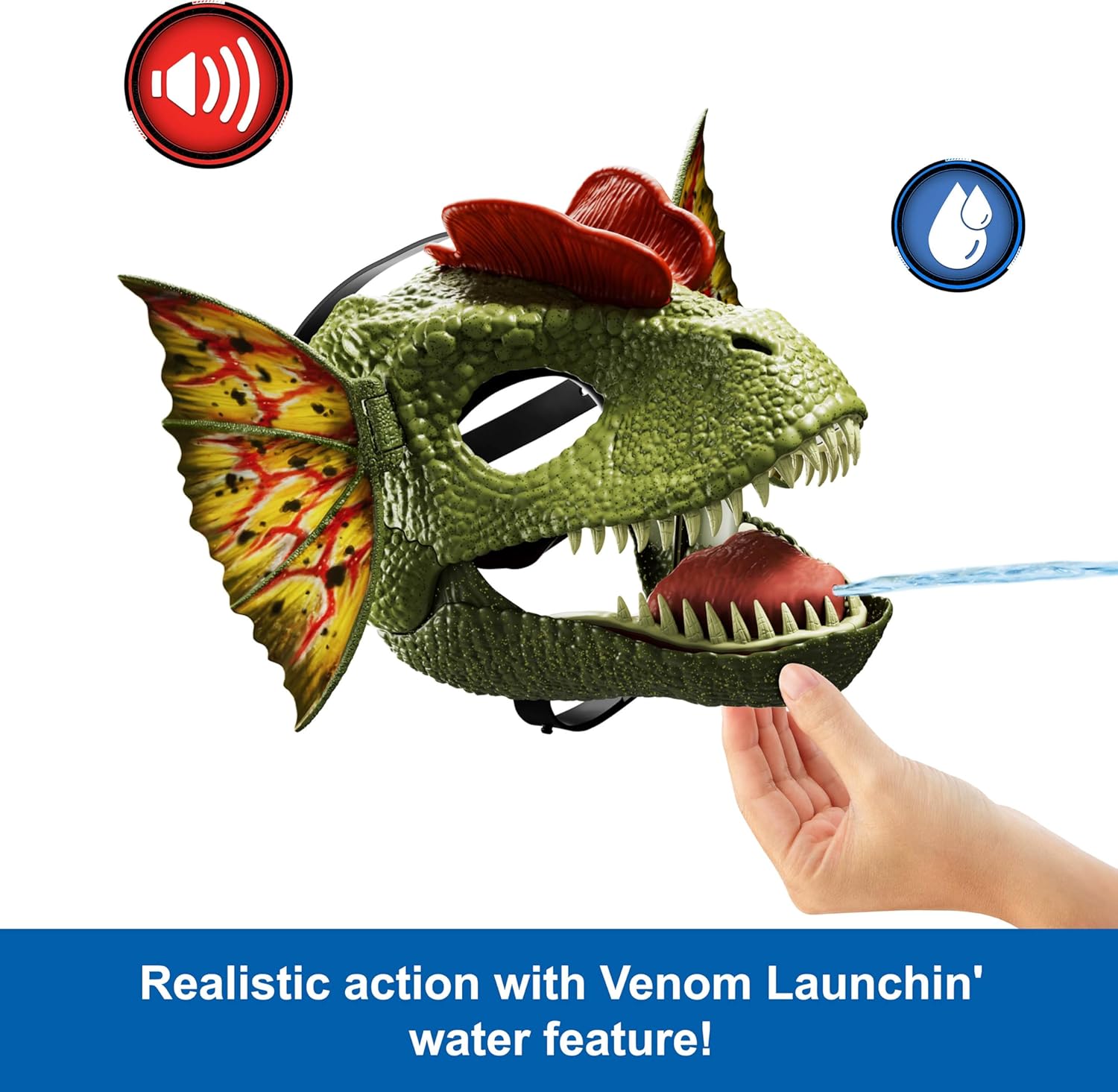 Mattel Jurassic World Dilophosaurus Role Play Mask with Venom Launchin Water Feature, Sound & Adjustable Frill, Dinosaur Costume Headgear Toy