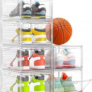 Thickened Clear Shoe Storage Organizer with Magnetic Door, Sturdy Stackable Shoe Boxes for Closet, Collapsible Space-Saving Shoe Rack for Sneakers & Boots, Plastic Shoe Cabinet Box Set, 6 Pack, White