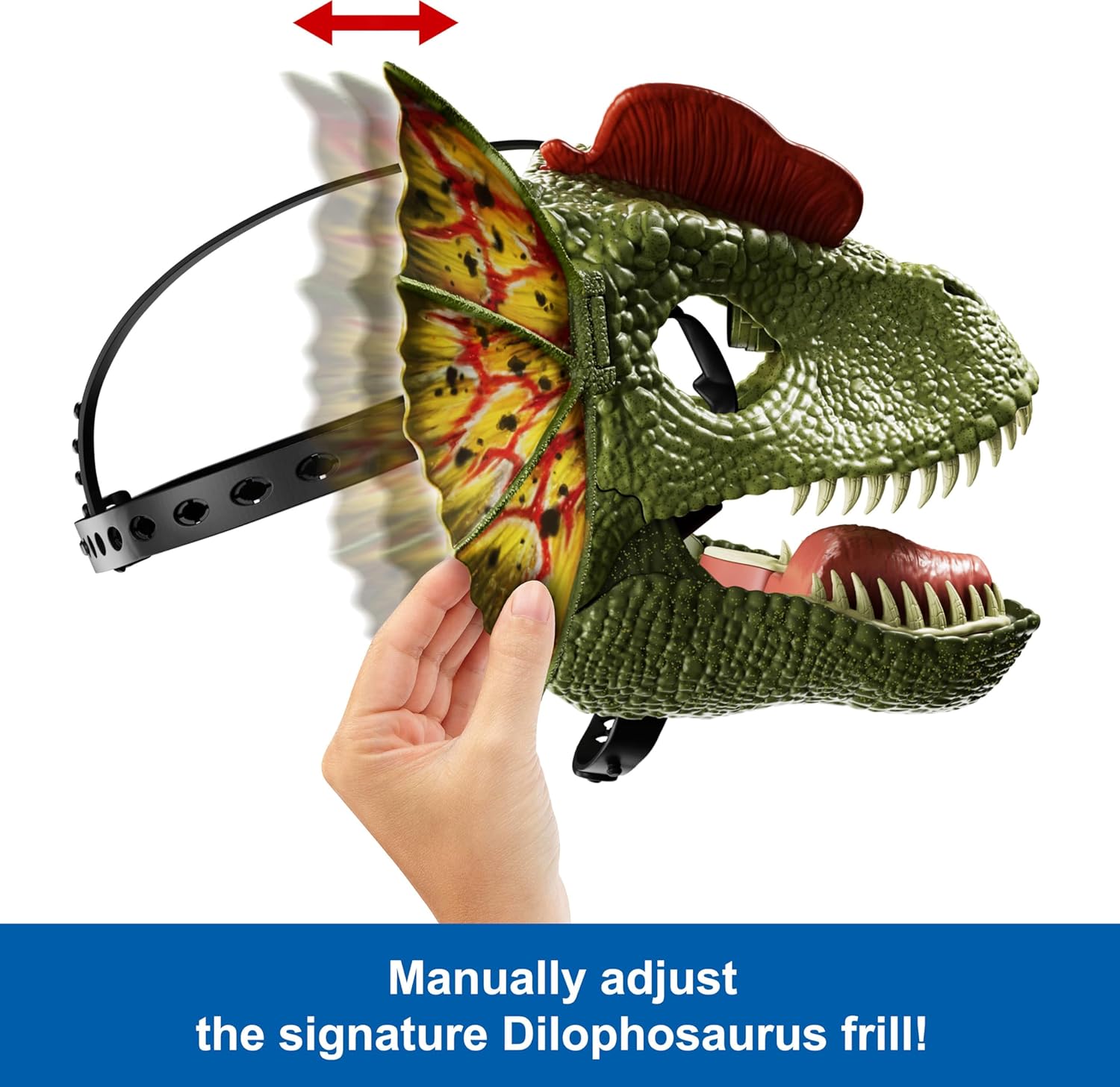 Mattel Jurassic World Dilophosaurus Role Play Mask with Venom Launchin Water Feature, Sound & Adjustable Frill, Dinosaur Costume Headgear Toy