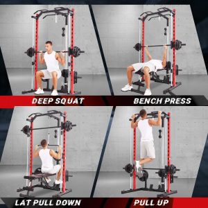 OPPSDECOR Smith Machine - Estante para sentadillas con soporte de alimentación multifuncional LAT-Pull Down con cable cruzado de máquina, jaula de potencia con barra de barra, accesorios de