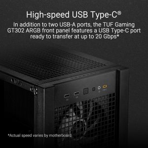 ASUS TUF Gaming GT302 ARGB ATX Mid-Tower PC Case Four 140 x 28 mm ARGB fans for high airflow and static pressure, interchangeable side panel, detachable top panel, hidden-connector motherboard support