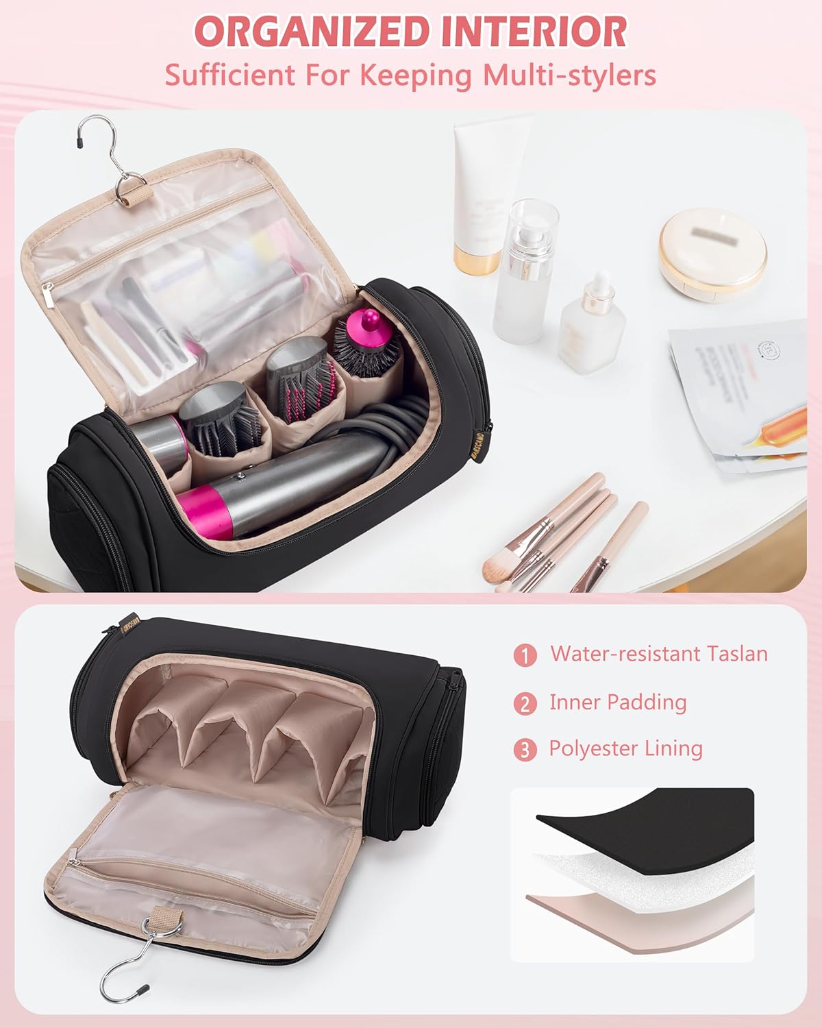 Hair Tools Travel Bag Compatible with Dyson Airwrap Styler, Hair Tool Organzer with Hanging Hook for Multi-Stylers, Black