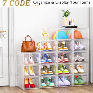 Thickened Clear Shoe Storage Organizer with Magnetic Door, Sturdy Stackable Shoe Boxes for Closet, Collapsible Space-Saving Shoe Rack for Sneakers & Boots, Plastic Shoe Cabinet Box Set, 6 Pack, White