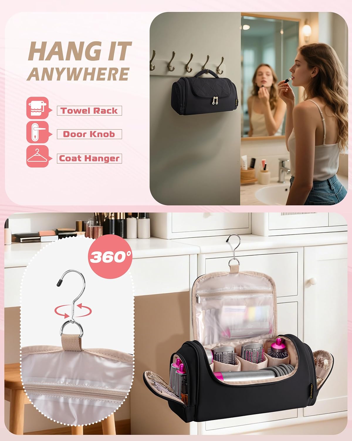 Hair Tools Travel Bag Compatible with Dyson Airwrap Styler, Hair Tool Organzer with Hanging Hook for Multi-Stylers, Black