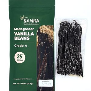 SANHA Madagascar - Granos de vainilla (25 unidades, grado A, seleccionados a mano), grano de vainilla orgánico (para extracto, hornear y cocinar) - 6-7 pulgadas, sellados al vacío (frescura prémium)