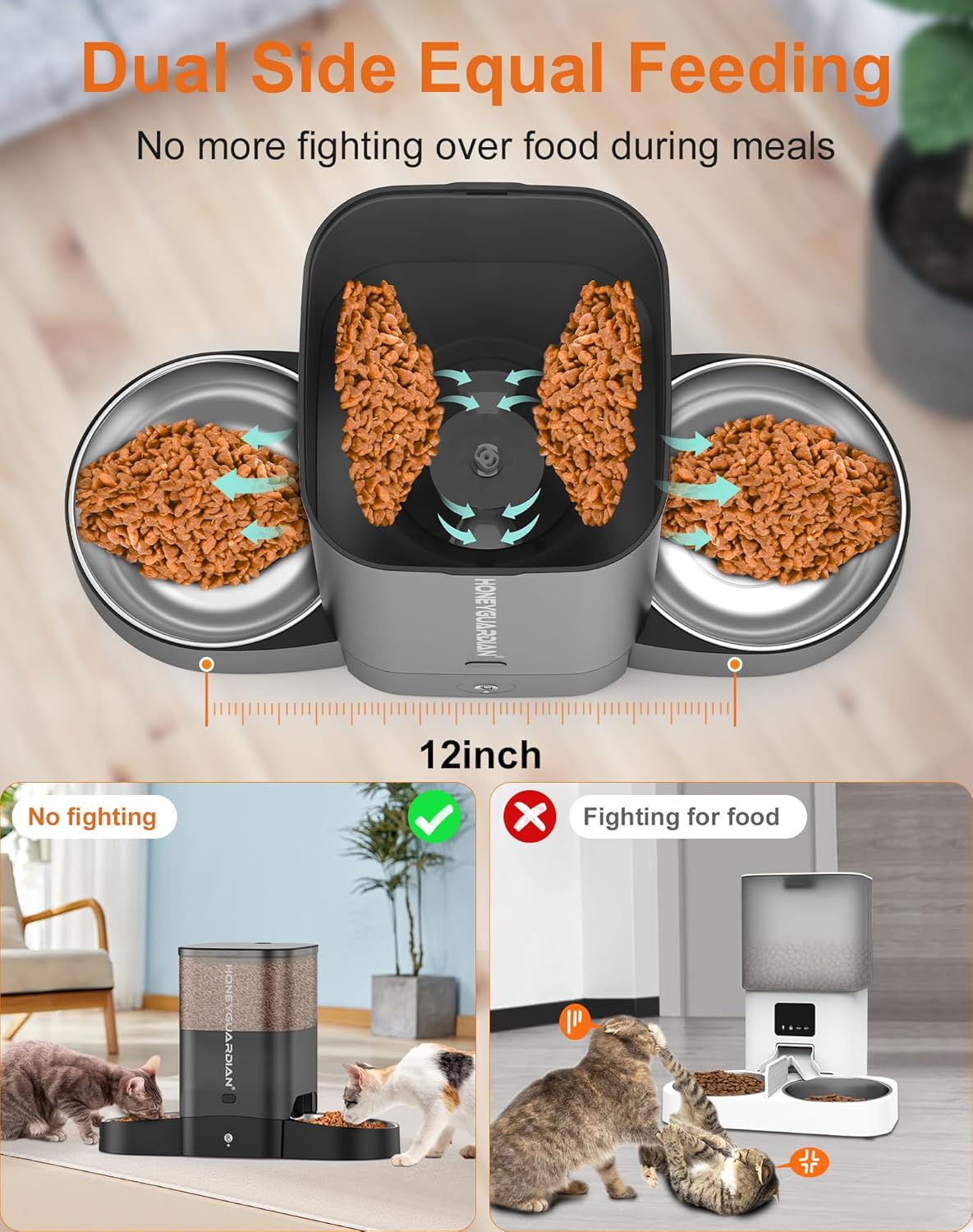 HoneyGuaridan Comedero automático para gatos para dos gatos, alimentador inteligente WiFi 5G con cuenco de acero inoxidable, dispensador de control de aplicación, fuente de alimentación doble, bolsa