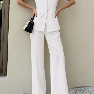 PRETTYGARDEN Conjunto de 2 piezas para mujer, ropa de trabajo de verano 2026, sin mangas, chaqueta, chaleco, pantalones, trajes de primavera y negocios, trajes casuales