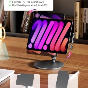 LULULOOK Soporte magnético de 360° para iPad mini 7 A17 Pro/Mini 6 de 8.3 pulgadas (2024/2021), soporte de mesa plegable de aleación de aluminio para tableta con base giratoria para Apple iPad mini 7
