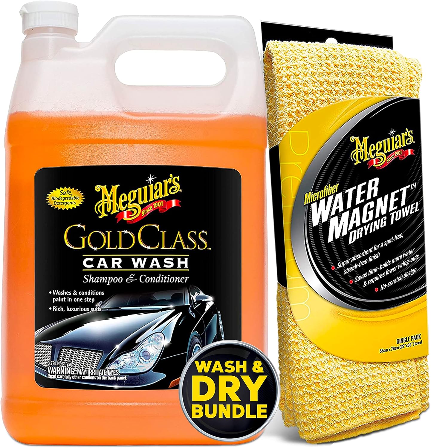 Meguiar's Car Wash Bundle - 1 Gallon Gold Class Car Wash & Water Magnet Microfiber Drying Towel - Everything You Need to Wash and Dry Your Car - Washing Essentials in One Convenient Set