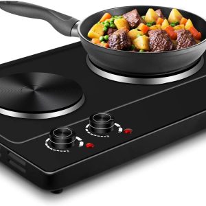 CUSIMAX Hot Plate, 1800W Electric Burner Double Hot Plate for Cooking Countertop Burner with Adjustable Temperature Control, Portable Electric Cast Iron Hot Plates Cooktop, Easy to Clean, Black