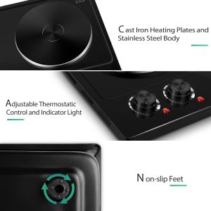 CUSIMAX Hot Plate, 1800W Electric Burner Double Hot Plate for Cooking Countertop Burner with Adjustable Temperature Control, Portable Electric Cast Iron Hot Plates Cooktop, Easy to Clean, Black