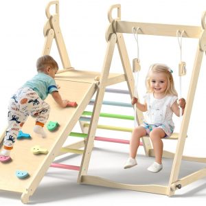 BlueWood 4 in 1 Indoor Jungle Gym, Foldable Wooden Climbing Set with Swing, Slide, Ladder and Climbing Wall, Montessori Philosophy Climber Playset for Kids Aged 2+ (Rainbow)