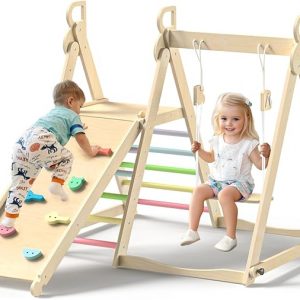 BlueWood 4 in 1 Indoor Jungle Gym, Foldable Wooden Climbing Set with Swing, Slide, Ladder and Climbing Wall, Montessori Philosophy Climber Playset for Kids Aged 2+ (Rainbow)