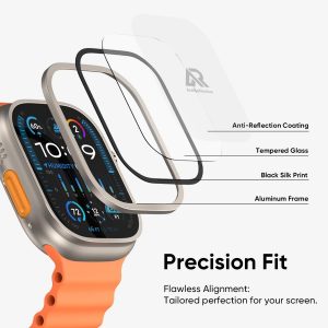 FLOLAB NanoArmour - Protector de pantalla para Apple Watch Ultra 3 / Ultra 2 con antirreflejante para vidrio templado iWatch Ultra 1 de 1.929 in, fácil de instalar, marco de aluminio, titanio original