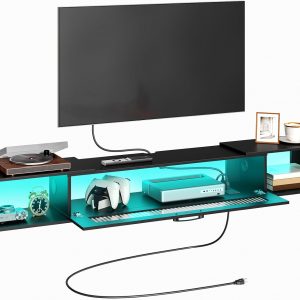 HOOBRO Floating TV Stand with LED Light Power Outlet for TVs up to 75”, Wall Mounted TV Shelf, Modern Media Console Entertainment Center Under TV, for Living Room Bedroom, Black BK36UDDS01G1
