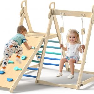 BlueWood 4 in 1 Indoor Jungle Gym, Foldable Wooden Climbing Set with Swing, Slide, Ladder and Climbing Wall, Montessori Philosophy Climber Playset for Kids Aged 2+ (Sky Blue)