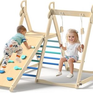 BlueWood 4 in 1 Indoor Jungle Gym, Foldable Wooden Climbing Set with Swing, Slide, Ladder and Climbing Wall, Montessori Philosophy Climber Playset for Kids Aged 2+ (Sky Blue)