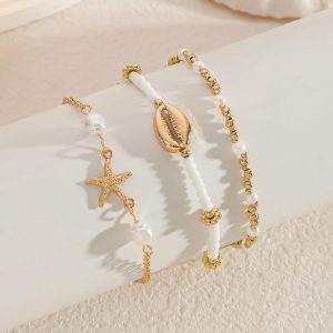 Tobilleras de conchas marinas para mujer, pulseras de estrellas de mar, bohemias, con capas de concha de puka, pulseras hawaianas de verano, playa, cadena de pie