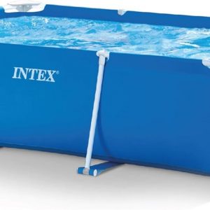 Intex 9.8' x 79" x 29.5" Rectangular Frame Above Ground Outdoor Backyard Swimming Pool with Flow Control Valve for Quick Draining, Blue