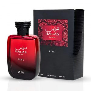 RASASI Hawas Fire Eau De Parfum Spray 100 ml (3.4 oz) - Perfume árabe audaz y duradero para hombres con una esencia ardiente - Disfruta de un perfume lujoso para hombres que captura la elegancia y la